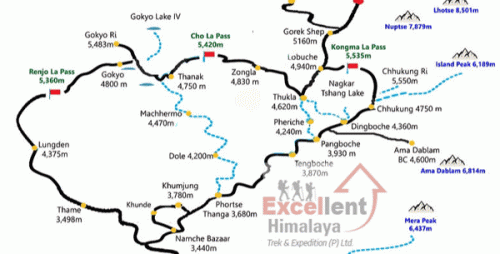 Map of Three Passes Trek Everest