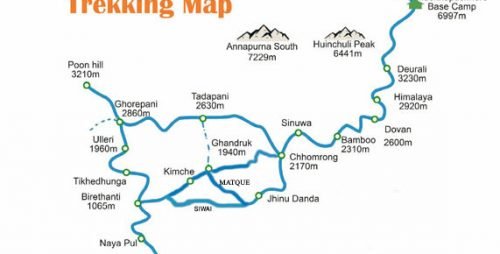 Annapurna Base Camp Trek Map via Siwai, Matque