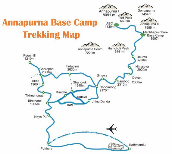 Annapurna Base Camp Trek Map Siwai Matkqu
